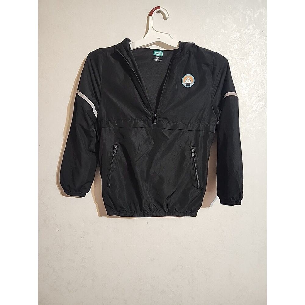 365 Kids Hooded Windbreaker 1/4 Zip Black sz 10 Boys Front Pockets